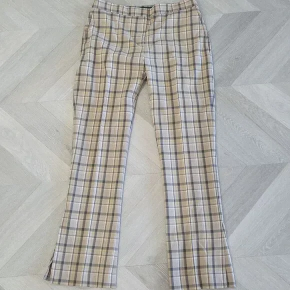 Zara Tartan Plaid Pants Womens L Tan Check Trousers Side Vents Leg Slit Academia - Picture 3 of 9
